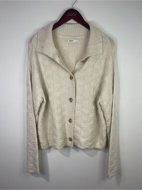 Sonoma Cream Button-Up Knit Cardigan with checker pattern